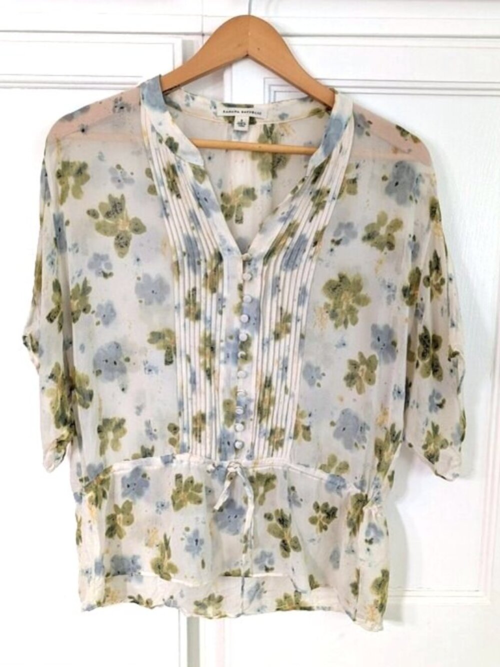 Banana Republic Silk Sheer Floral Pintuck Blouse - White, Green, Blue